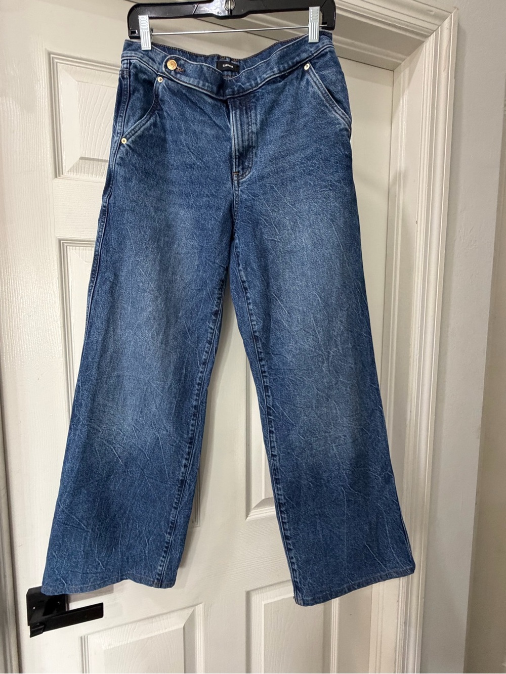 Express High Rise Wide Leg Crossover Waistband Blue Denim Jeans Size 8R